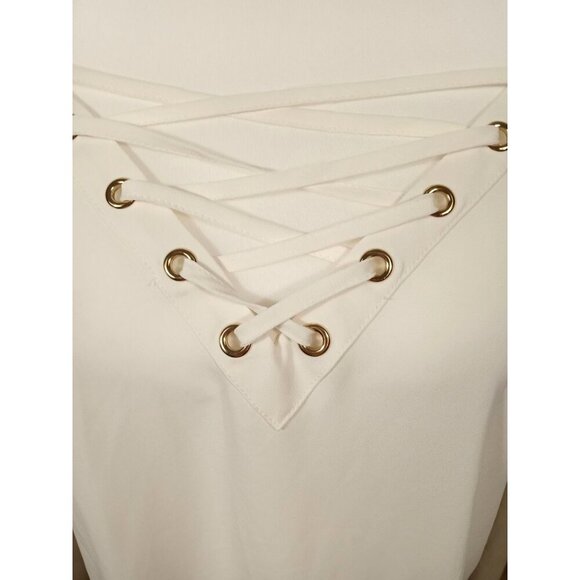 Express Womens White Spaghetti Strap Lace Up Cold Shoulder Cami Ruffle Sleeve La - Picture 2 of 9